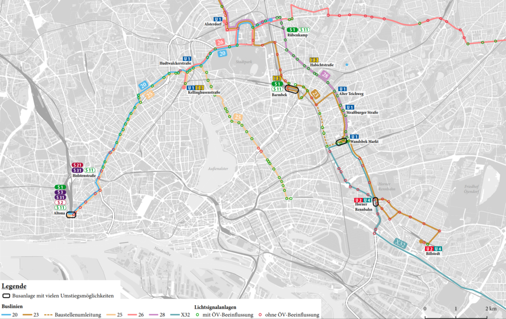 Das höherwertige Busangebot (nur Metro- und Expressbuslinien) entlang des Ring 2 mit Umstiegen zum Schnellbahnnetz. Kein durchgängiges Angebot, sondern eine starke Fragmentierung. Zudem sind die Linien sehr langsam und verspätungsanfällig. Insbesondere im östlichen Bereich zudem viele Umwege. Weiß mit schwarzer Umrandung hervorgehoben der Ring 2. Stand 2019.