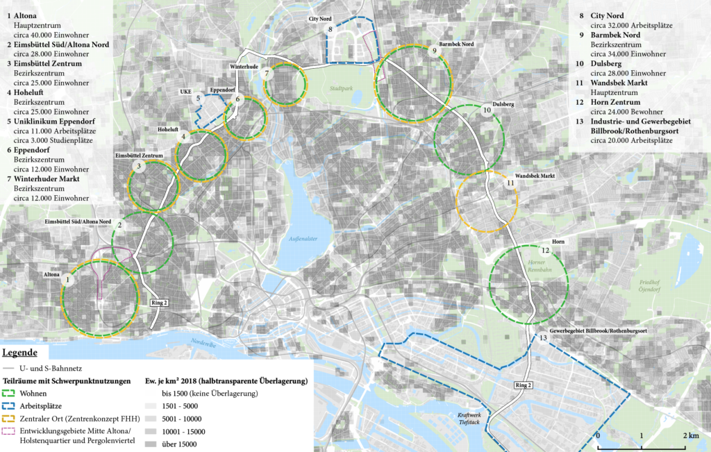 Stadtstruktur und zentrale Orte im näheren Umfeld des Ring 2. Die Einwohner- und Arbeitsplatzangaben beziehen sich auf die eingekreisten Flächen, nicht auf eventuell gleichnamige Stadtteile. Stand 2019.