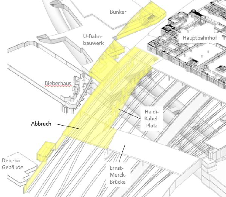 Die Grafik zeigt den abzureißenden Bereich nördlich des Hauptbahnhofs. Betroffen sind unter anderem Teile der Ernst-Merck-Brücke und der Verteilerebene der U2/U4/U5 Haltestelle Hauptbahnhof Nord.