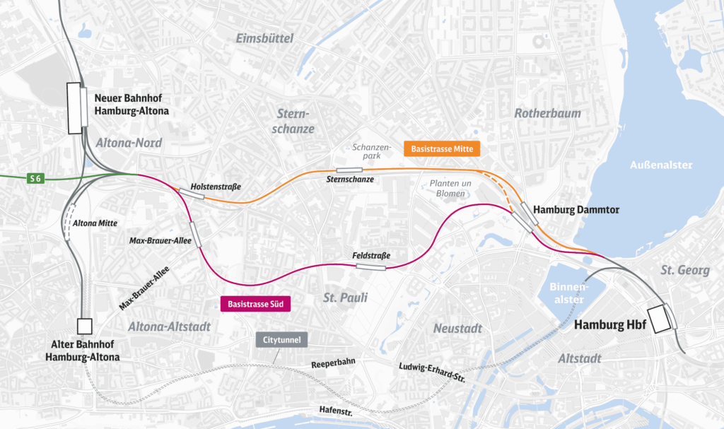 Die Grafik zeigt eine Karte von Hamburg zwischen Hauptbahnhof und Altona mit den zwei im Text beschriebenen verbliebenen VET-Trassen.