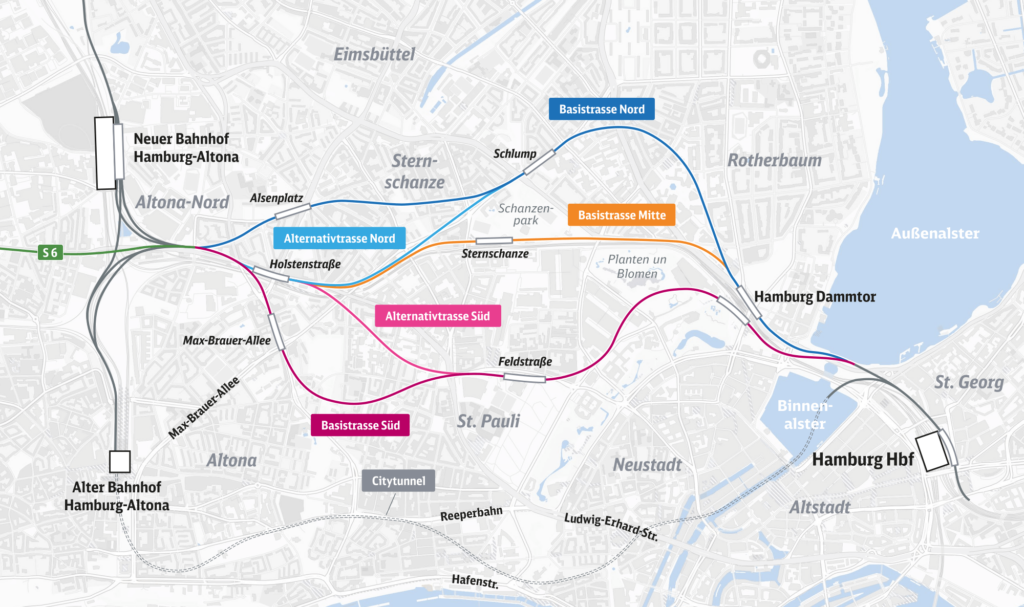 Die Karte zeigt Hamburg zwischen Hauptbahnhof und Diebsteich samt den im Text beschriebenen fünf Trassenvarianten.