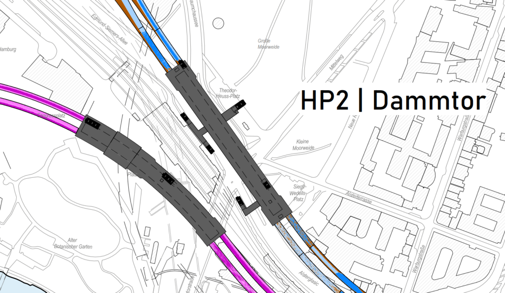 Die Grafik zeigt einen Ausschnitt aus dem Übersichtslageplan des VET mit den Standorten beider Varianten für den Haltepunkt Dammtor, die sich wie im Text beschrieben nur unter großflächigen Straßensperrungen errichten lassen.