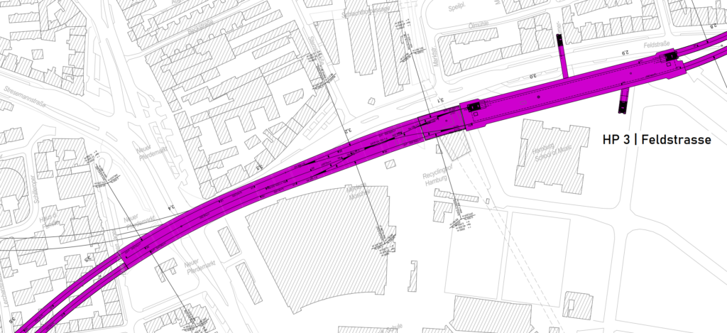 Die Grafik zeigt einen Lageplanausschnitt mit der im Text beschriebenen Haltestelle Feldstraße und der westlich anschließenden Kehr- und Abstellanlage unter dem Neuen Kamp und dem neuen Pferdemarkt.