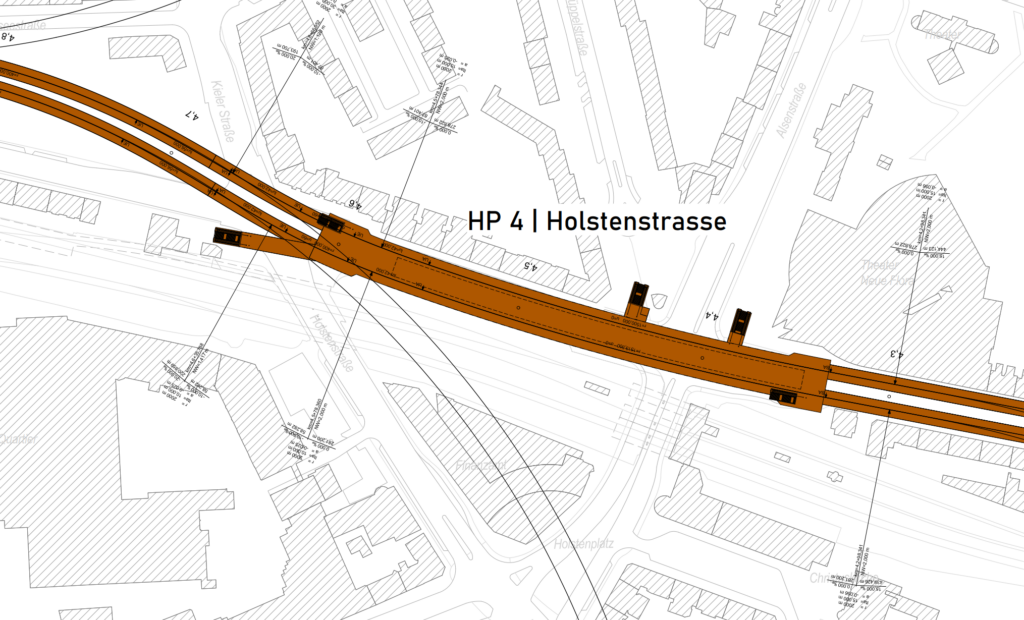 Die Grafik zeigt einen Lageplan der im Text beschriebenen Station Holstenstraße.