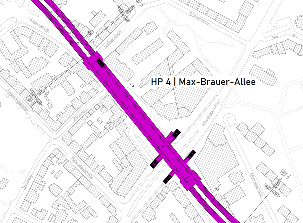 Die Grafik zeigt einen Lageplanausschnitt der im Text beschrieben Station Max-Brauer-Allee