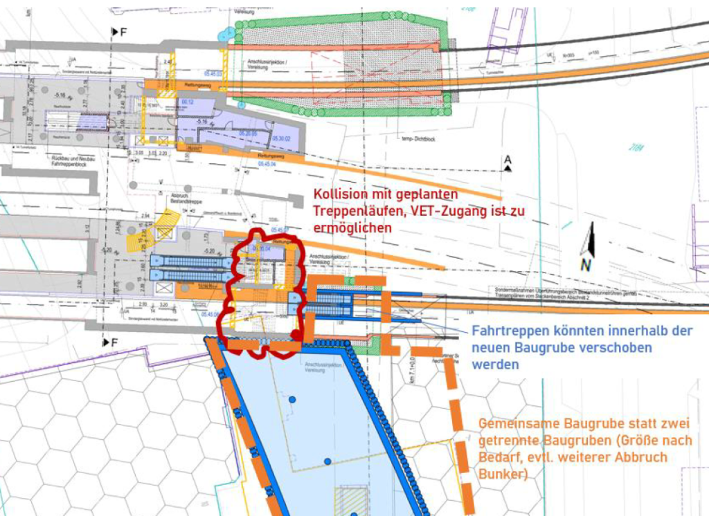 Die Grafik zeigt einen Lageplan mit den Konfliktpunkten der U5 und des VET am Hbf Nord auf Bahnsteigebene