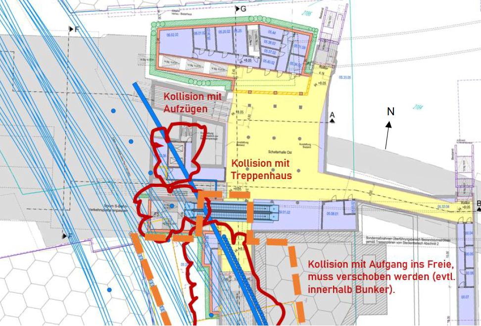 Die Grafik zeigt einen Lageplan mit den Konflikten der U5 und des VET auf Verteilerebene