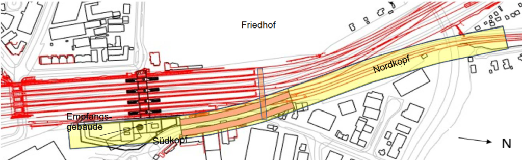 Die Grafik zeigt einen Lageplanausschnitt der im Text beschrieben Vorzugsvariante für den S-Bahn-Tunnelbahnhof Diebsteich.