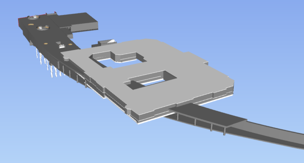 Die Grafik zeigt ein 3D-Modell vom Keller des Museums für Kunst und Gewerbe mit der Kollision des geplanten Tunnelbaus, der durch weite Teile des Kellers führt.