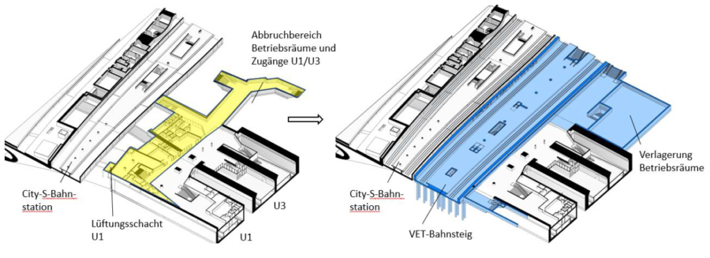 Die Grafik zeigt die abzureißenden Bereiche der U1 und U3 Verteilerebene am Hauptbahnhof Süd.
