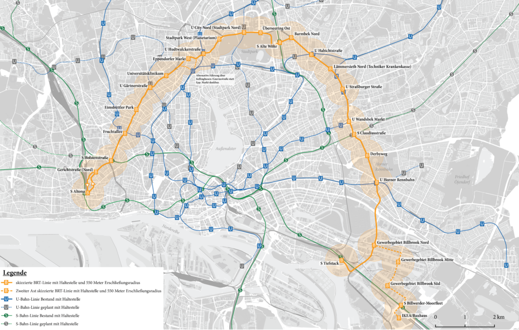 Die Grafik zeigt einen Stadtplan Hamburgs mit Schnellbahnnetz und grob entlang des Ring 2 verlaufend dem neuen BRT-System.
