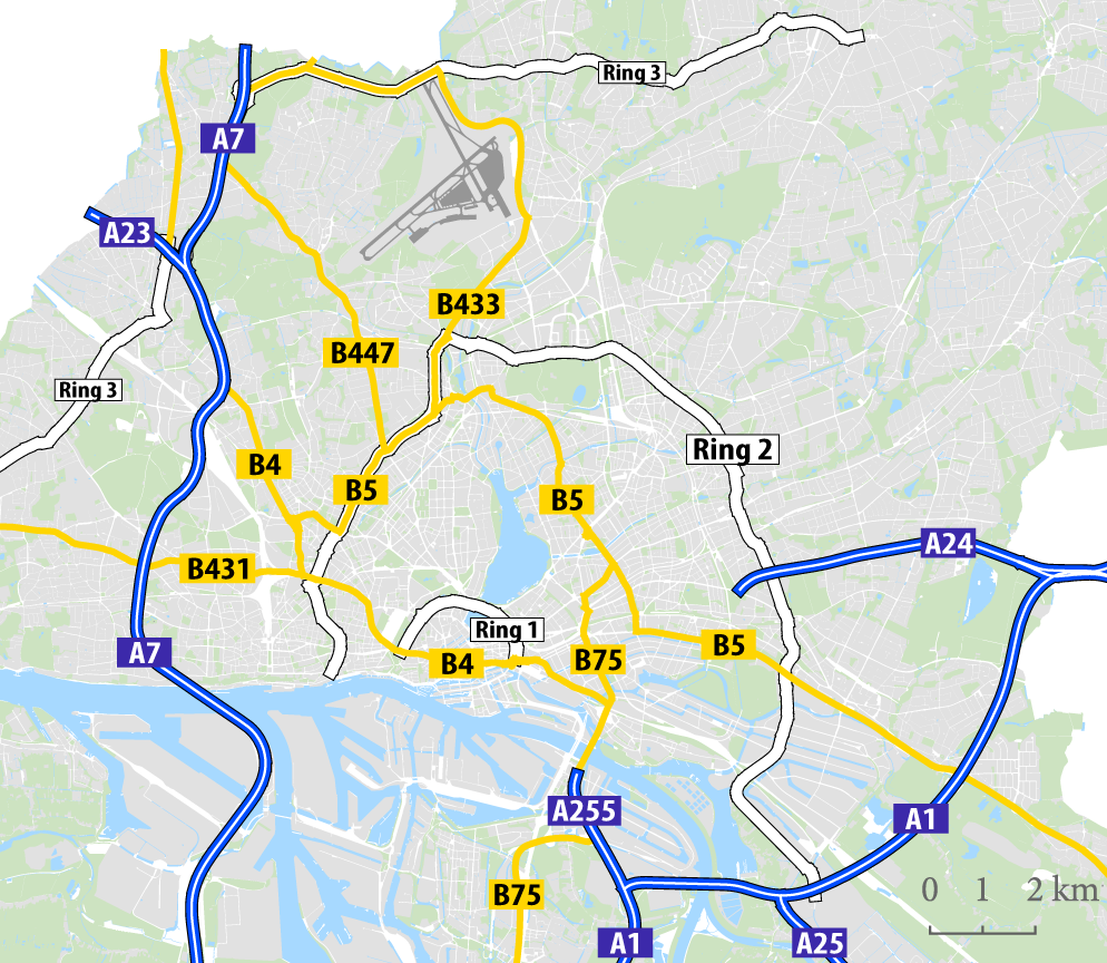 Einordnung des Ring 2 in das übergeordnete Straßennetz. Kein Anschluss an die A24, weitestgehend kein Teil des Bundesstraßennetzes.