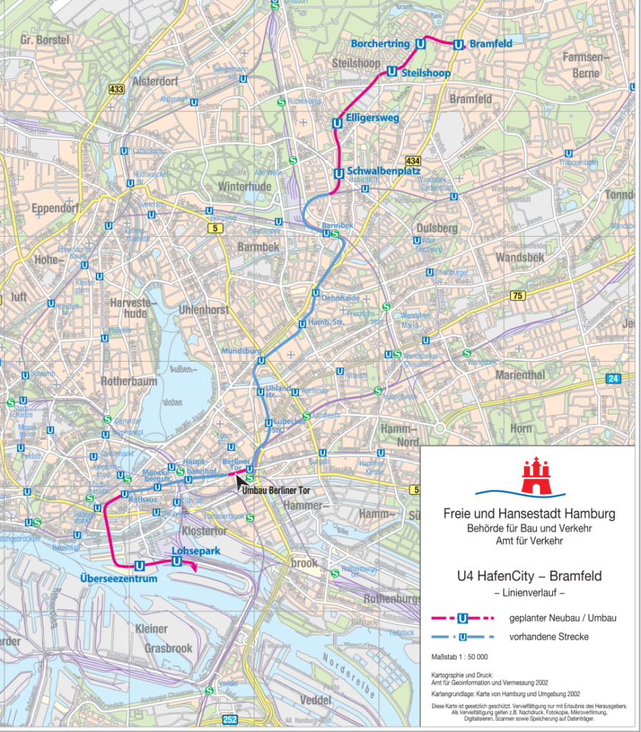 Die Grafik zeigt eine Kartendarstellung der Stadt Hamburg aus dem Jahr 2002, die den im Text beschriebenen Verlauf der U4 von Bramfeld über die bestehende U3-Strecke in die HafenCity darstellt.