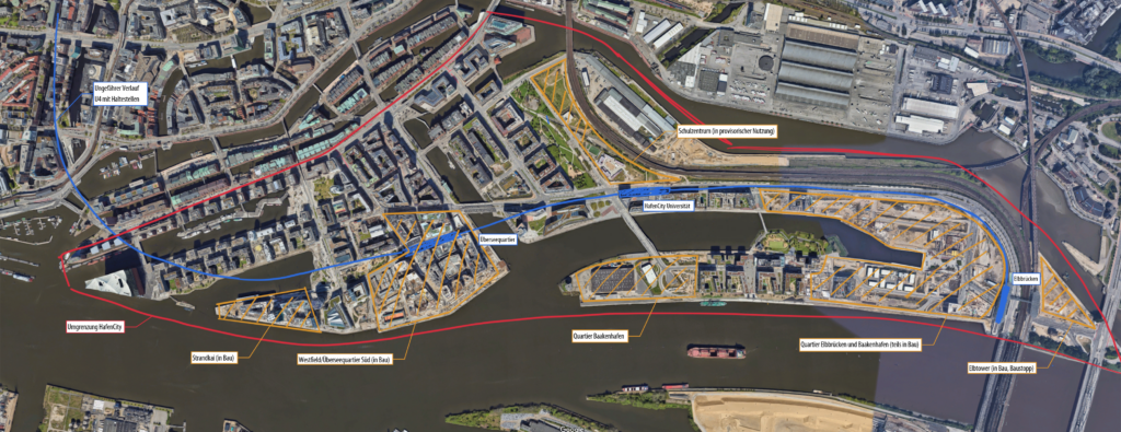 Die Grafik zeigt ein Luftbild mit den noch nicht fertiggestellten Bereichen der HafenCity