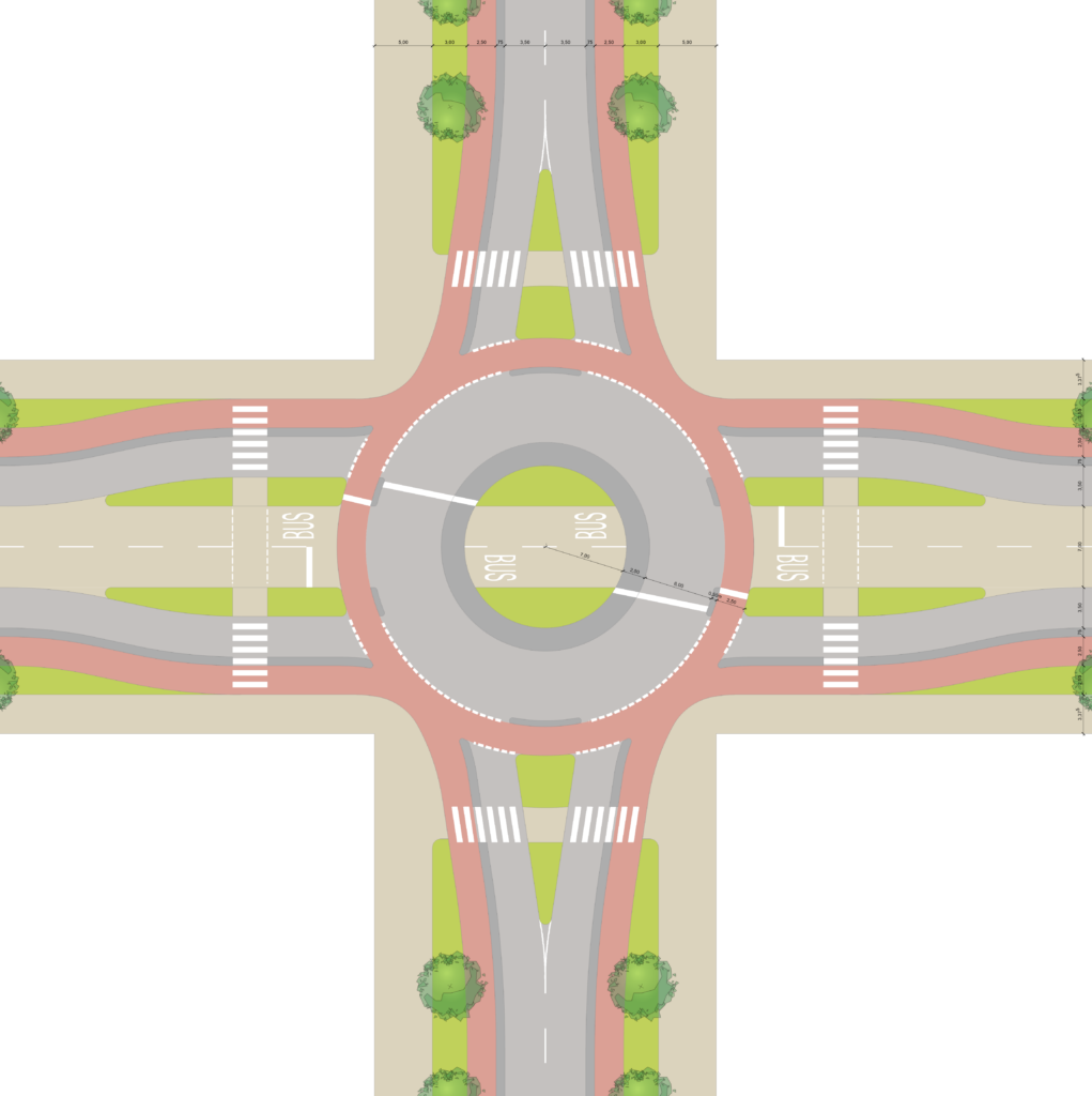 Lageplanskizze eines Kreisverkehrs mit vom Bus durchfahrbarer Mittelinsel in den Flächenbegrenzungen der ursprünglichen Schutzkreuzung