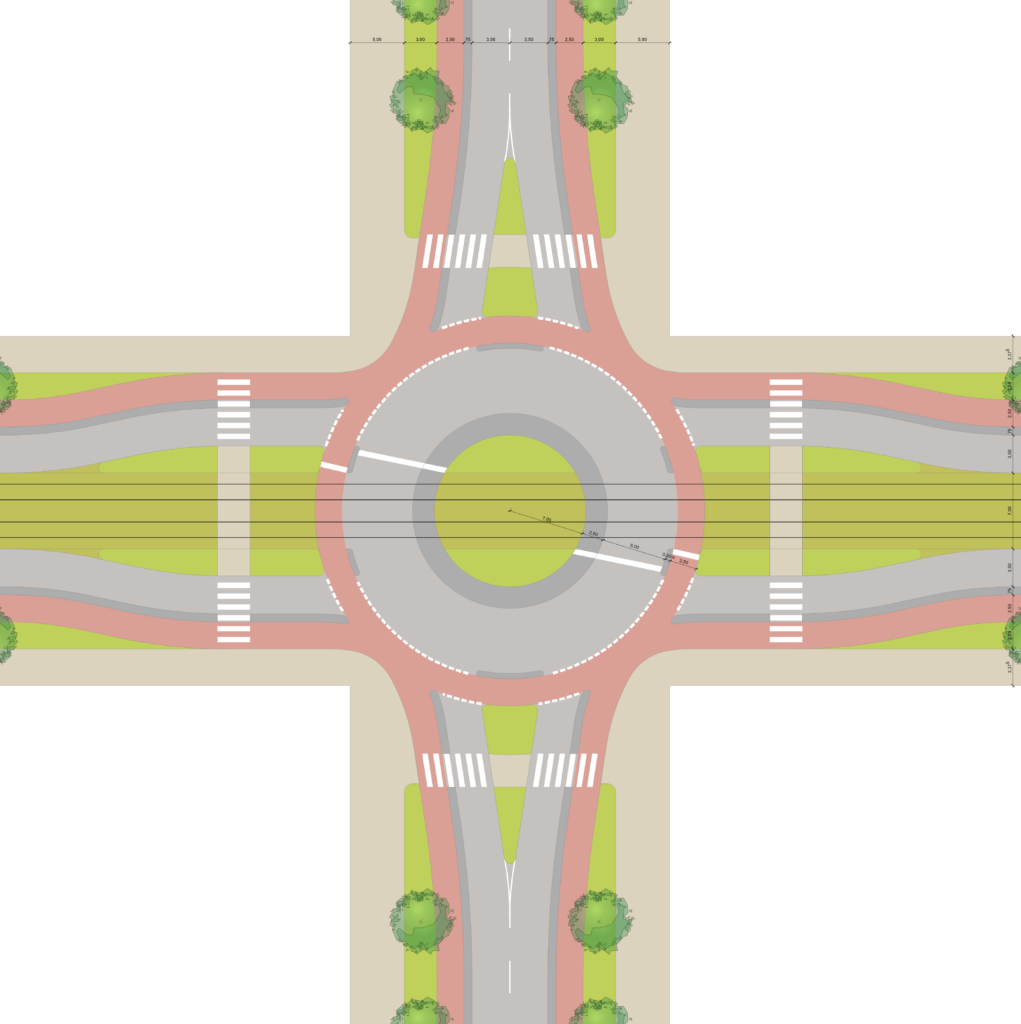 Lageplanskizze eines Kreisverkehrs mit von der Straßenbahn durchfahrbarer Mittelinsel in den Flächenbegrenzungen der ursprünglichen Schutzkreuzung
