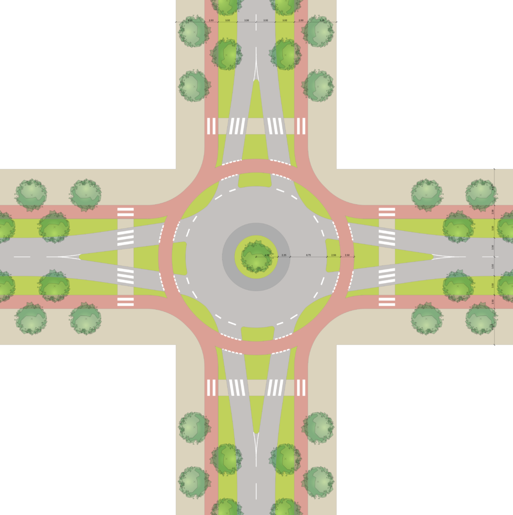 Lageplanskizze eines Kreisverkehrs in den selben Flächenbegrenzungen wie die ursprüngliche Schutzkreuzung