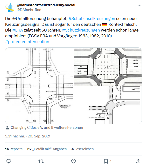 Die Grafik zeigt einen Screenshot eines Tweets des Accounts von Darmstadt fährt Rad, der auf die im deutschen Regelwerk abgebildeten Schutzkreuzungen hinweist.