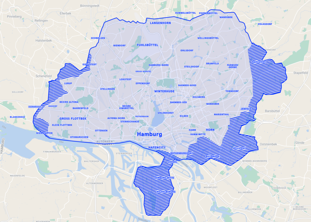 Die Karte zeigt das Bediengebiet von Moia, welches die ländlichen Gegenden und Randlagen der Stadt ausspart