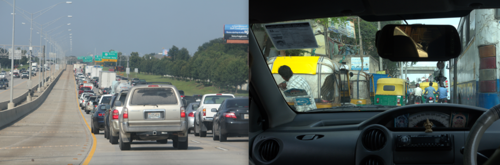 Die Bilder zeigen Szenen von Staus auf einer Autobahn in Baton Rouge, USA mit vielen privaten Kfz und in Bengaluru im Stadtverkehr mit vielen TukTuks, Indien.