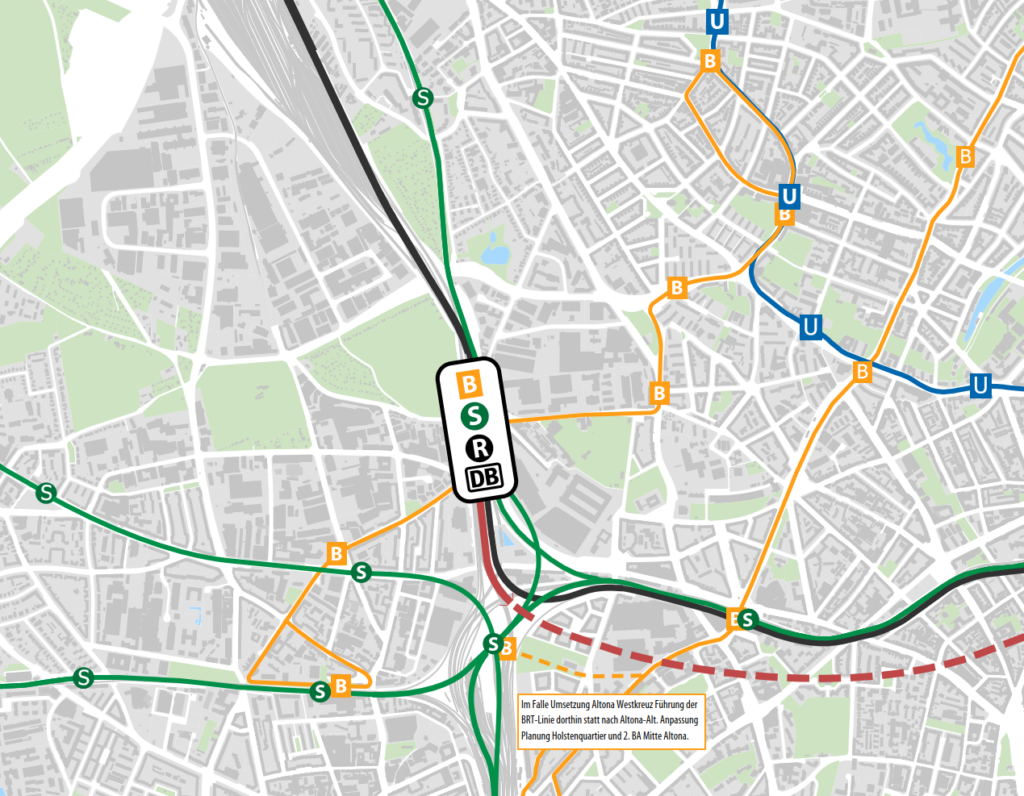 Die Grafik zeigt einen Stadtplan mit der im Text beschriebenen neuen BRT-Linie zur Anbindung des Fern- und Regionalbahnhofs Diebsteichs mit den umliegenden Quartieren.