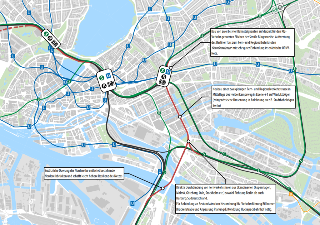 Die Grafik zeigt eine Übersichtskarte der im Text beschriebenen Lösung des Fern- und Regionalbahnhofs Skandinavientor