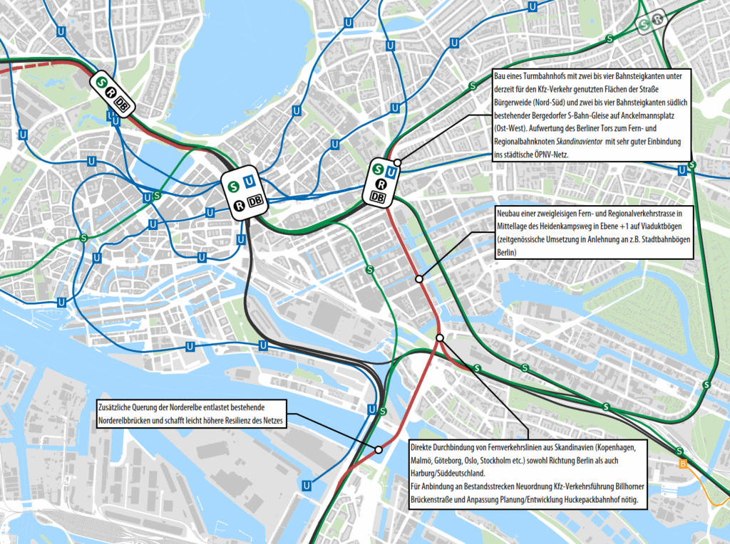 Die Grafik zeigt eine Übersichtskarte der im Text beschriebenen Lösung des Fern- und Regionalbahnhofs Skandinavientor