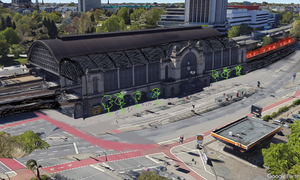 Eine Google-Maps 3D-Ansicht des Bahnhofs Dammtor vom Theodor-Heuß-Platz gesehen mit einer handgezeichneten Skizze der im Text beschriebenen neuen Bahnsteighalle für die S-Bahn