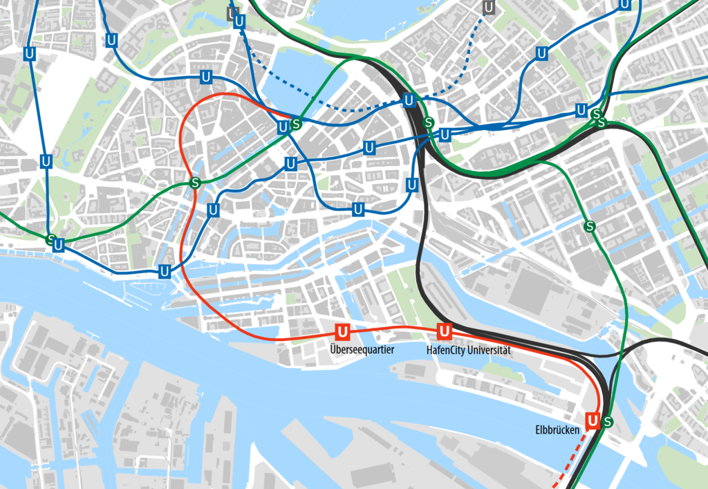 Die Grafik zeigt eine Karte der Hamburger Innenstadt mit Verlauf der U4